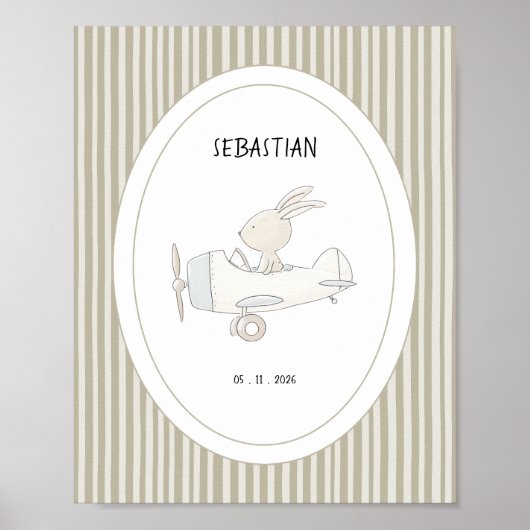 Custom Cute Pilot Bunny Nursery Name Date Poster (Vorne)