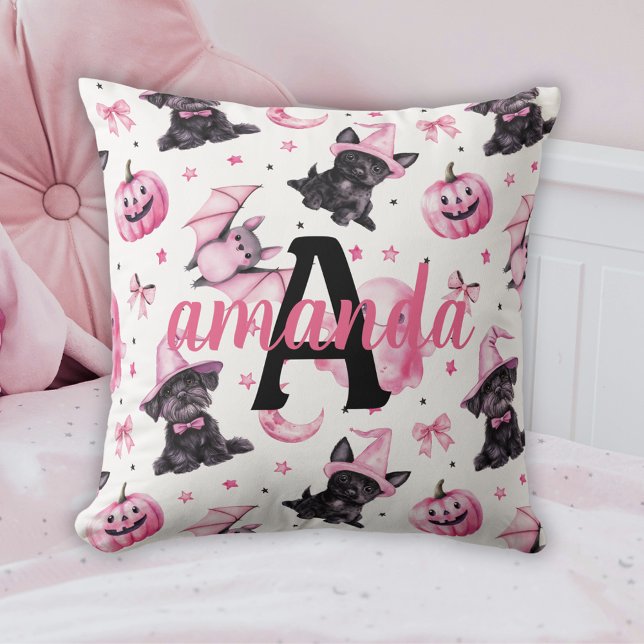 Custom Cute Pink Halloween Pattern With Black Dogs Kissen (Custom Cute Pink Halloween Pattern With Black Dogs Throw Pillow)