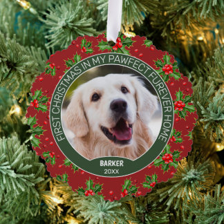 Custom Cute Puppy Photo On Green Holly Red Berry Ornament Karte