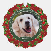 Custom Cute Puppy Photo On Green Holly Red Berry Ornament Karte (Vorderseite)