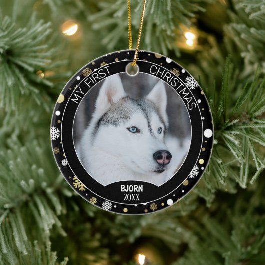 Custom Cute Puppy Photo On White Gold Snowflakes Keramik Ornament (Baum)
