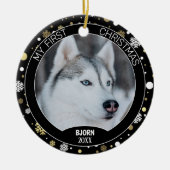 Custom Cute Puppy Photo On White Gold Snowflakes Keramik Ornament (Vorne)