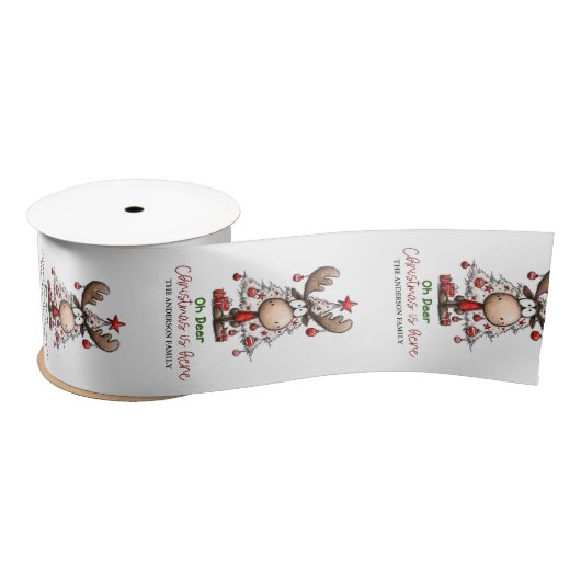 Custom Cute Reindeer “Oh Deer Christmas Is Here” Satinband (Spule)