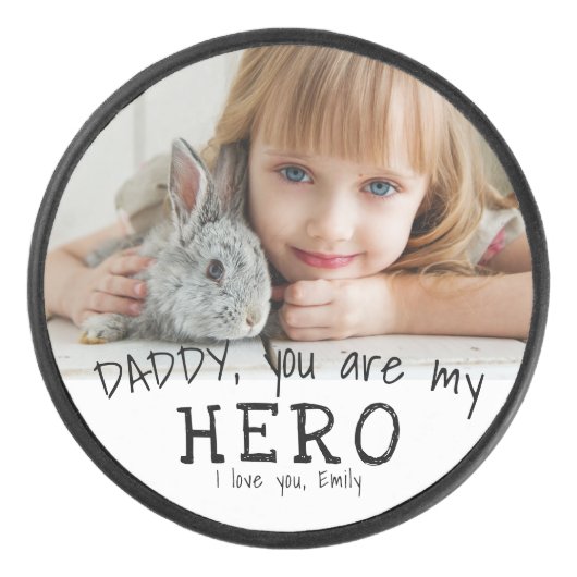 Custom Daddy you are hero Blue Father's Day Foto Eishockey Puck (Vorderseite)