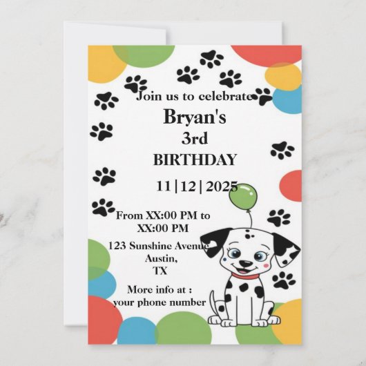 Custom Dalmatian birthday Invitation card Einladung (Rückseite)