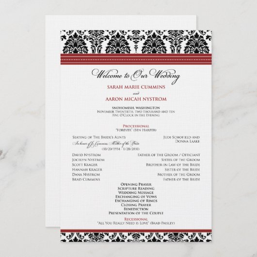 :custom: Damask black/red Wedding Program Programm (Vorne/Hinten)