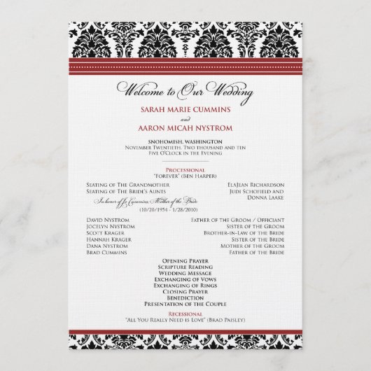 :custom: Damask black/red Wedding Program Programm (Vorderseite)
