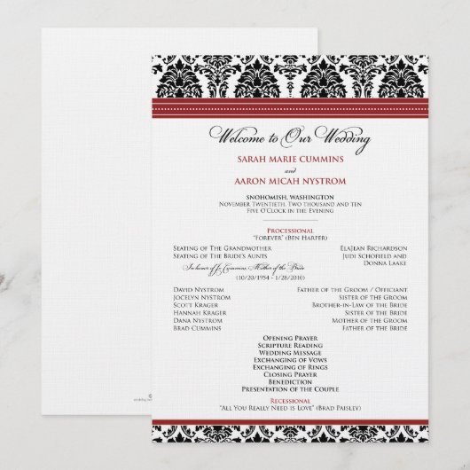:custom: Damask black/red Wedding Program Programm (Vorne/Hinten)