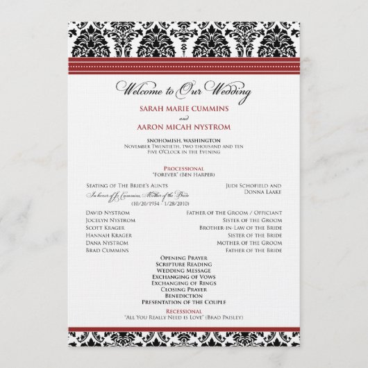 :custom: Damast schwarz/rotes Hochzeitsprogramm Programm (Vorderseite)
