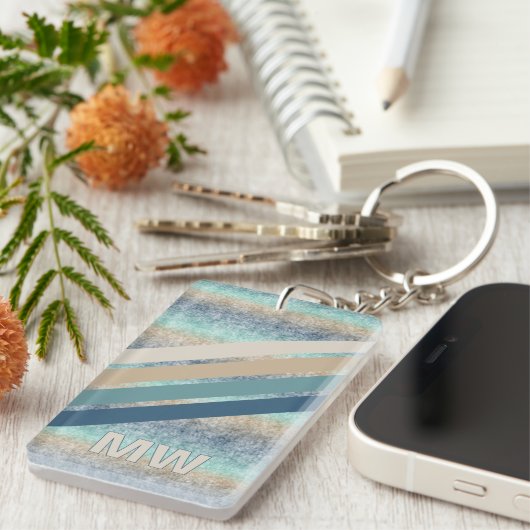 Custom Dark Aquamarin Blue Brown Retro Stripes Schlüsselanhänger (Vorderseite rechts)