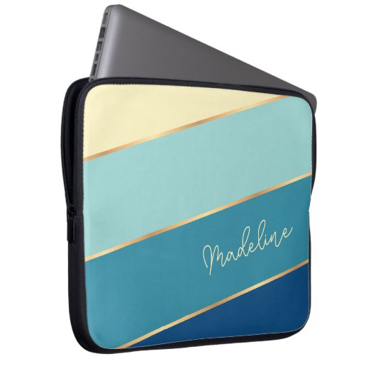 Custom Dark Blue Aquamarin Pastel Gelb Strickkunst Laptopschutzhülle (Vorne Rechts)