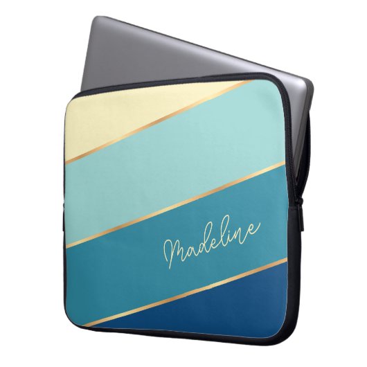 Custom Dark Blue Aquamarin Pastel Gelb Strickkunst Laptopschutzhülle (Vorderseite Links)