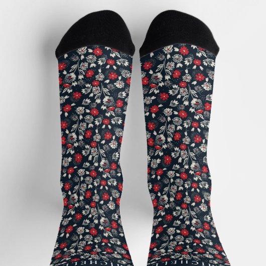 Custom Dark Blue Floral Red Grau White Blume Socken (Oben)
