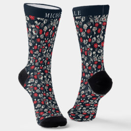 Custom Dark Blue Floral Red Grau White Blume Socken