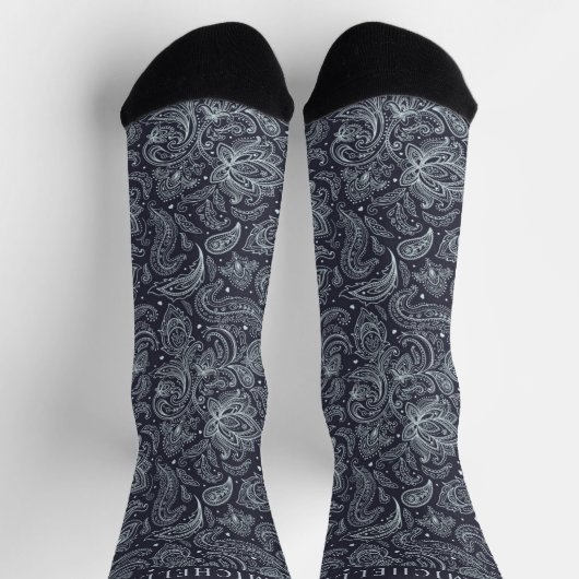 Custom Dark Blue Grey Lila Paisley Pattern Socken (Oben)