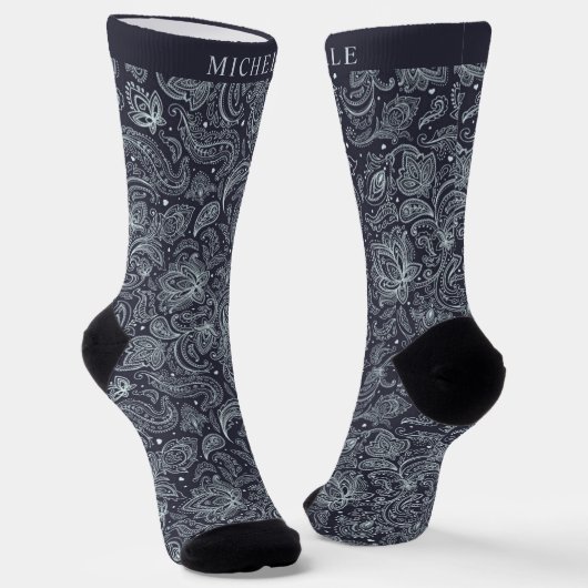 Custom Dark Blue Grey Lila Paisley Pattern Socken (Gewinkelt)