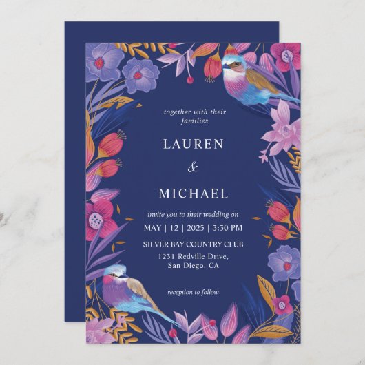Custom Dark Blue Lila Nature Bird Blume Wedding Einladung (Vorne/Hinten)