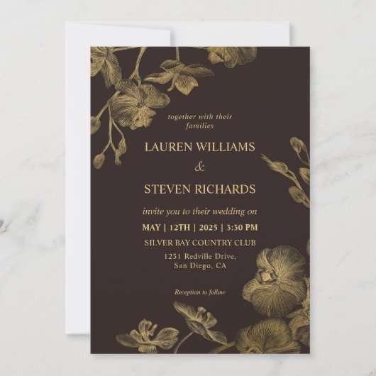Custom Dark Chocolate Brown Gold Wedding Einladung (Vorderseite)