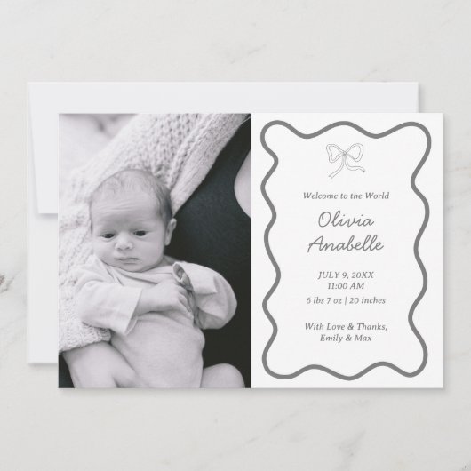 Custom Dark Gray Bow Wavy Boho Collage Baby Birth Ankündigung (Vorderseite)