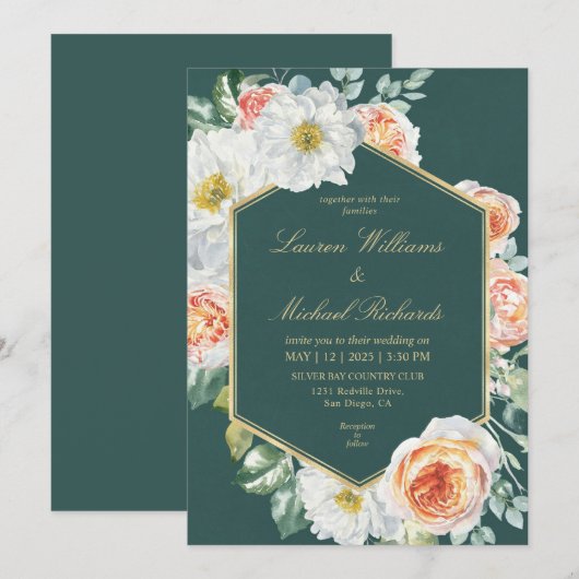 Custom Dark Green Watercolor Floral Wedding Einladung (Vorne/Hinten)