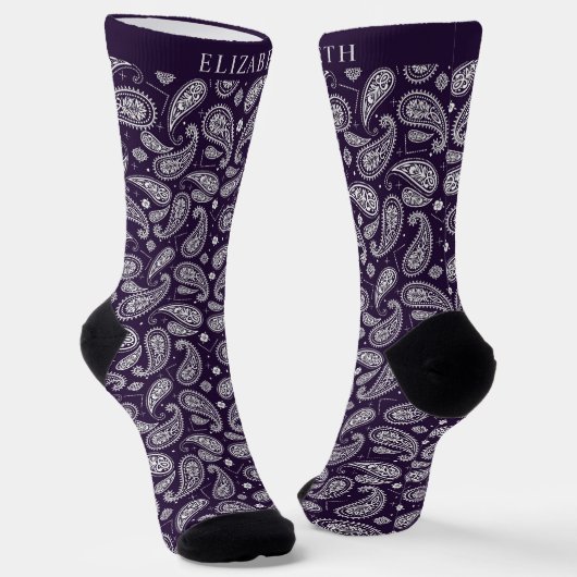 Custom Dark Lila Violet White Paisley Muster Socken (Gewinkelt)