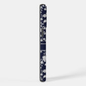 Custom Dark Navy Blue Floral Silver White Blume iPhone Hülle (Rechte Seite)