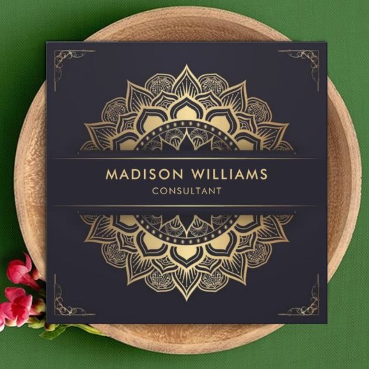Custom Dark Navy Blue Gold Mandala Beruflich Quadratische Visitenkarte