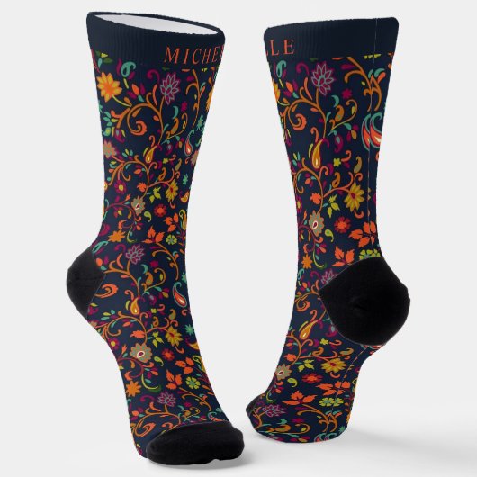 Custom Dark Navy Blue Orange Paisley Muster Socken (Gewinkelt)