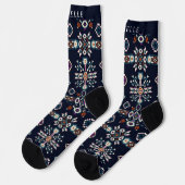 Custom Dark Navy Blue White Aztec Muster Socken (Linkes Detail)
