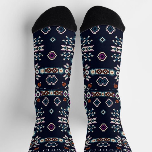 Custom Dark Navy Blue White Aztec Muster Socken (Oben)