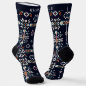 Custom Dark Navy Blue White Aztec Muster Socken (Gewinkelt)