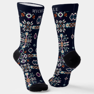 Custom Dark Navy Blue White Aztec Muster Socken
