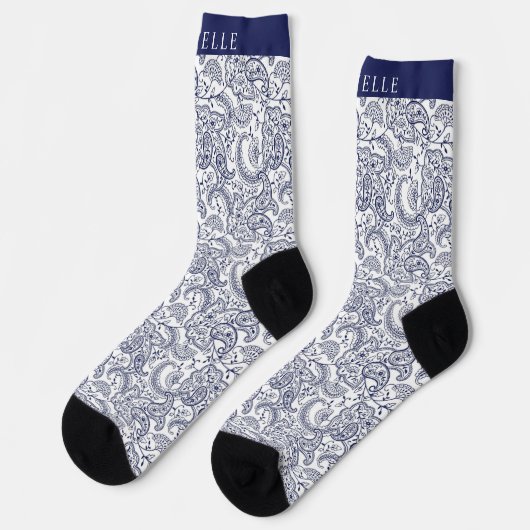 Custom Dark Navy Blue White Paisley Muster Socken (Linkes Detail)