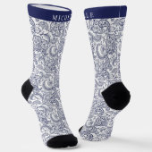 Custom Dark Navy Blue White Paisley Muster Socken (Gewinkelt)