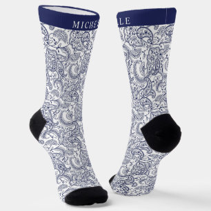 Custom Dark Navy Blue White Paisley Muster Socken