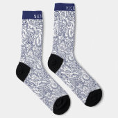 Custom Dark Navy Blue White Paisley Muster Socken (Rechts)