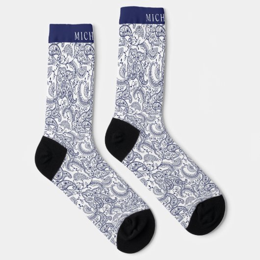 Custom Dark Navy Blue White Paisley Muster Socken (Rechts)