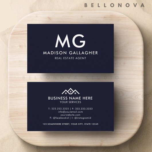 Custom Dark Navy Blue White Real Anwesen Agent Visitenkarte