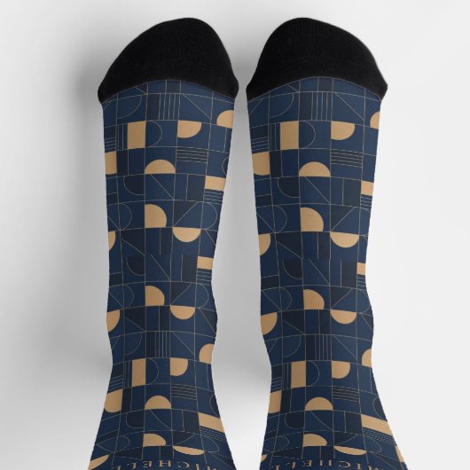 Custom Dark Navy Blue Yellow Geometric Pattern Socken (Oben)