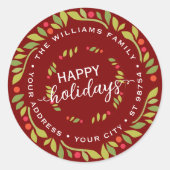 Custom Dark Red Holly Berries Green Blätter Kranz Runder Aufkleber (Vorderseite)