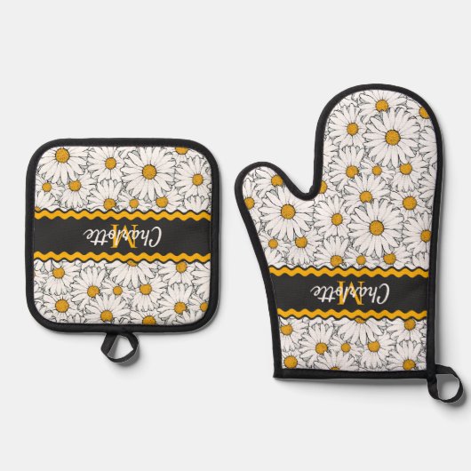 Custom Dark Schwarz-weiß Yellow Daisy Muster Ofenhandschuh & Topflappen-Set (Vorderseite)