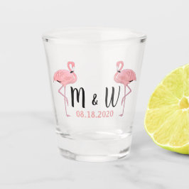 Custom Date Monogram Niedlich Fun Pink Flamingoes  Schnapsglas