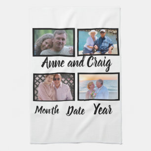 Custom Date Wedding Anniversary 4 Foto Collage Geschirrtuch