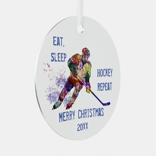 Custom Dated Christmas Eat Sleep Hockey Wiederholu Ornament Aus Metall (Vorderseite Rechts)