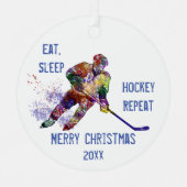 Custom Dated Christmas Eat Sleep Hockey Wiederholu Ornament Aus Metall (Vorderseite)