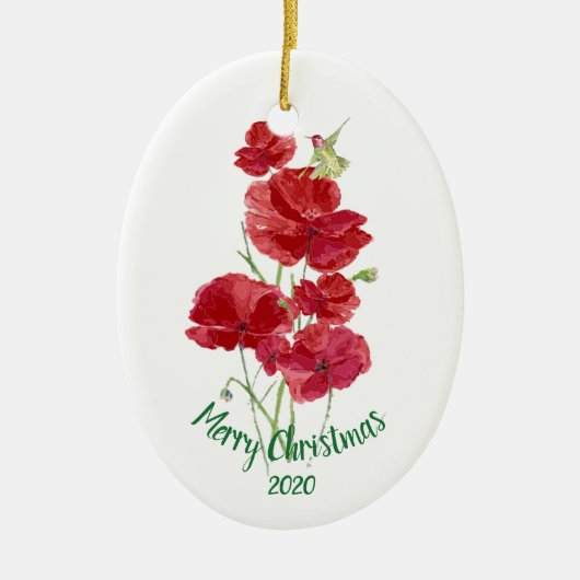 Custom Dated Christmas Hummingbird Red Poppies Keramik Ornament (Vorne)