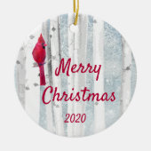 Custom Dated Christmas Kardinal Bird Birch Tree Keramikornament (Vorne)