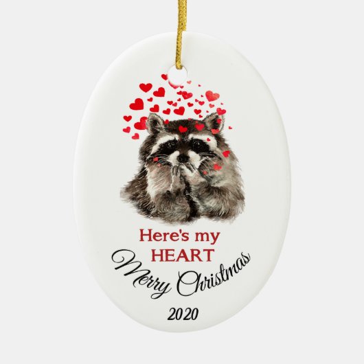 Custom Dated Christmas Raccoon Hier ist mein Herz Keramikornament (Vorne)
