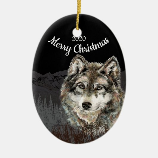 Custom Dated Christmas Wolf Mountain Keramik Ornament (Vorne)