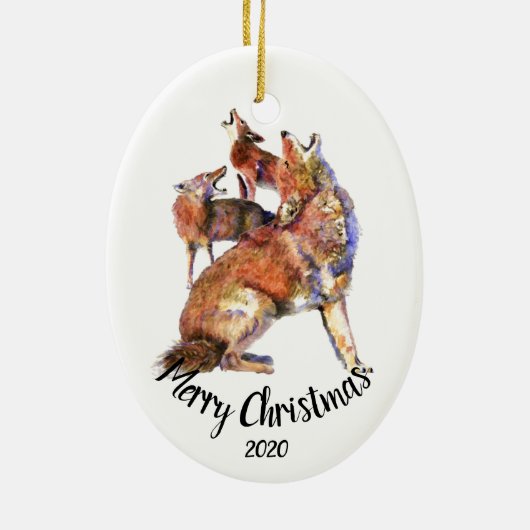 Custom Dated Howling Coyotes Frohe Weihnachten Keramikornament (Hinten)